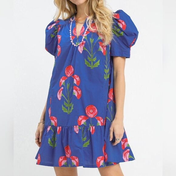 Umgee Floral Print Puff Sleeve A-Line Dress Royal Blue Pink Roses  Sz Medium - Picture 1 of 4